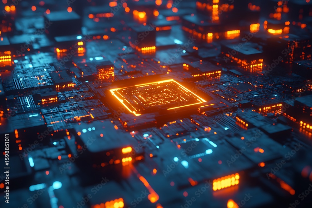 Poster futuristic circuit board with glowing components representing technology and connectivity