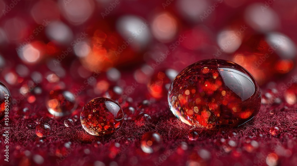 Poster a close up of a red surface with many small droplets of water on it. the droplets are of various siz