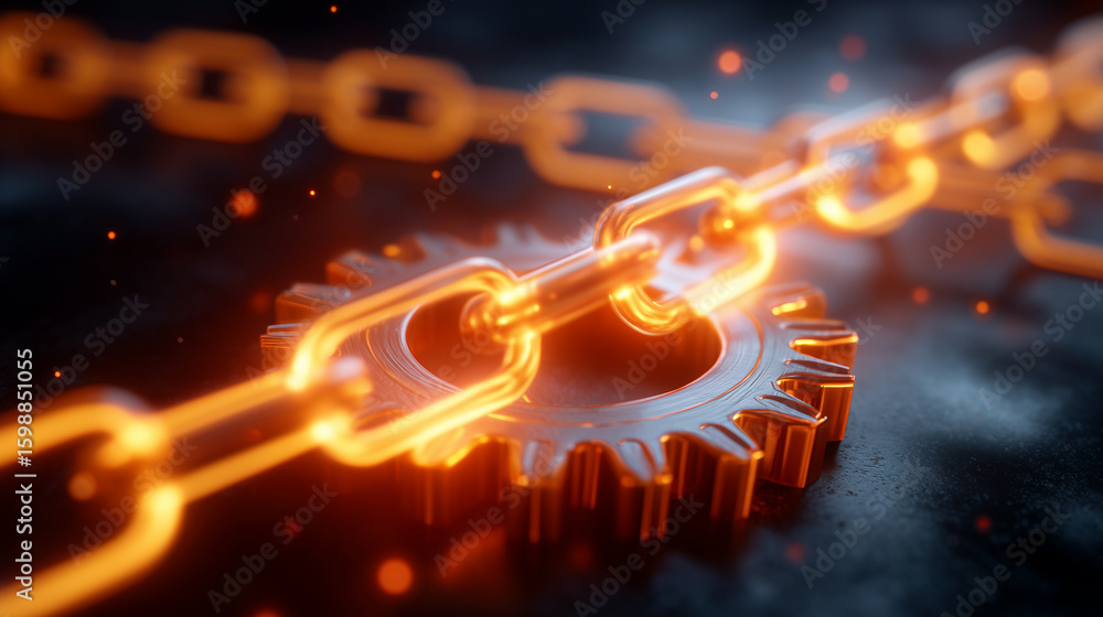Poster macro shot of precision-engineered gear teeth meshing flawlessly with a thick chain, illuminated by 