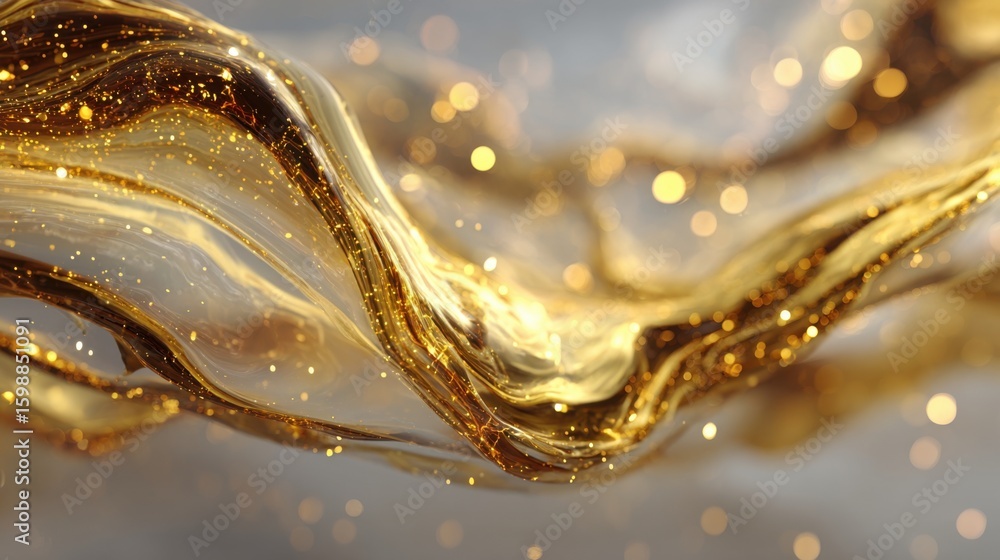 Poster a gold liquid with glittery particles floating in it. the liquid is flowing and creating a sense of 