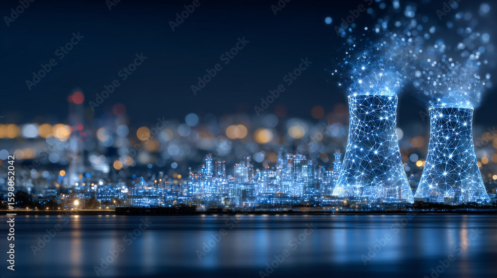 Poster hyper-modern depiction of a nuclear power complex, built from blue-lit wireframe lines and floating 