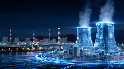 Digital wireframe rendering of a futuristic nuclear power plant with glowing blue outlines, tall cooling towers emit soft neon mist, surrounded by energy circuit patterns and holog