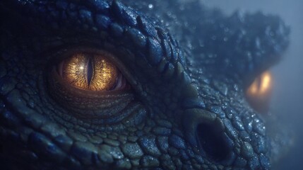 Naklejka premium A close up of a dragon's eye with a yellow iris. The eye is surrounded by a blue and green body