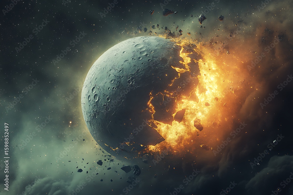 Poster exploding planet destruction with fire and debris in outer space concept