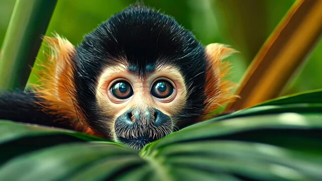 Curious Gaze of a Squirrel Monkey: A charming squirrel monkey peeks through lush green foliage, showcasing its captivating eyes and intricate facial features in a detailed, close-up shot.