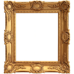 Ornate gold frame antique empty picture framework for artwork display isolated on transparent background