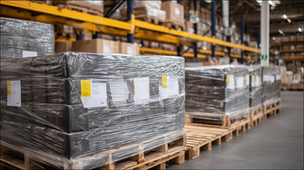 Close-up of stacked pallets wrapped in plastic, behind them extend vertical racks filled with retail merchandise, muted tones of packaging contrasted by bold labels.