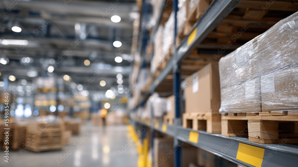 Poster industrial setting filled with neatly arranged carton-packed pallets, rows of labeled shelves fade i