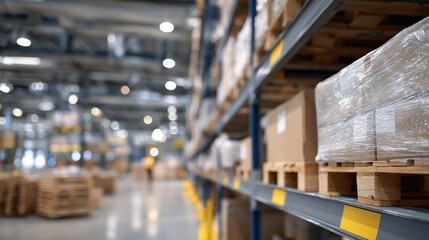 Fototapeta premium Industrial setting filled with neatly arranged carton-packed pallets, rows of labeled shelves fade into background, hinting at vast inventory and rapid movement.