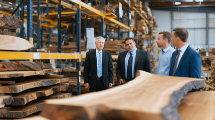 Group of professionals from varied backgrounds gathers around a pallet of polished hardwood slabs, discussing stock details amid a spacious factory filled with timber and metal she