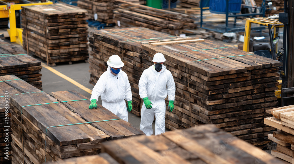 Aufkleber hardwood factory aisle crowded with pallets stacked with timber, workers in protective gear discuss 