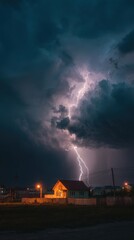 Stunning photo of dramatic night scene lightning strikes over suburban house. Thunderstorm clouds cover the sky. Dark weather creates intense atmosphere. Lights glow in home.