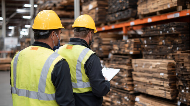 Diverse warehouse workers conduct a stock audit amid towering hardwood pallets, bright yellow safety helmets contrast with the warm brown hues of the lumber under overhead lights. - Powered by Adobe