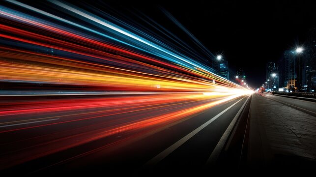 Stunning photo of car motion trails. Speed light streaks background with blurred fast moving light effect, Racing cars dynamic flash effects city road with long exposure night.