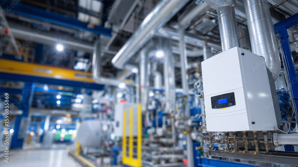 Poster close-up view of massive gas boiler units surrounded by a complex network of insulated pipes and gau