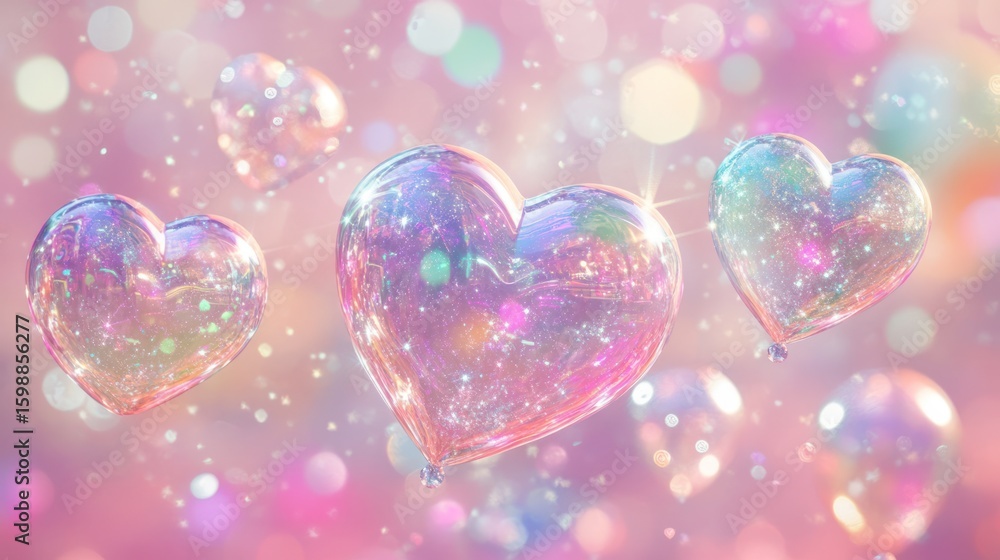 Poster iridescent heart-shaped balloons float against a bokeh background of pastel pinks, purples, and oran
