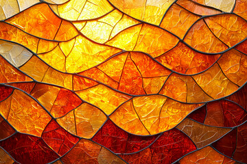 Obraz premium Close-up of stained glass window with vibrant orange, red, and yellow hues forming abstract, leaf-like patterns.