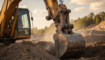 Construction worker operates excavator, digging earth at dusty site. Heavy machinery machinery, dirtied workwear, safety-gear visible. Powerful excavator bucket moves soil. Outdoor industrial work.