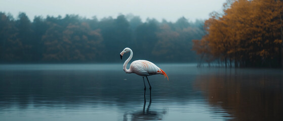 A solitary flamingo stands gracefully in calm water with autumn-colored trees and a misty background.