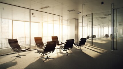 Bright, modern office meeting space with glass walls and chairs, city view