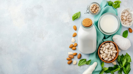 Concept: Plant-based alternative milk, Purpose: Nutritional resource article header, displaying almond and pistachio milk on blue textured surface