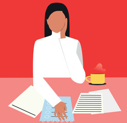 Minimalist faceless girl leaning on her hand, exhausted by piles of documents. Expression of burnout and stress shown through posture and setting, not facial features. Perfect for editorial use