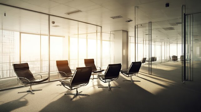 Bright, modern office meeting space with glass walls and chairs, city view