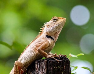 Lizard on tree stump, observing surroundings