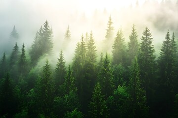 Misty Forest Landscape with Evergreen Trees and Soft Light Background