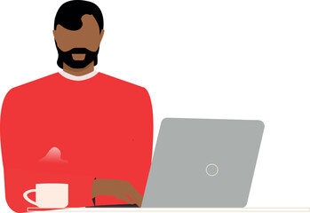 A faceless man sitting at a desk with laptop. Simple red, black, and white tones, this minimalist composition highlights stress, productivity, or burnout — fitting for editorial and business-related 