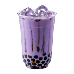 Delicious taro bubble tea drink with ice cubes refreshment beverage cup isolated on transparent background