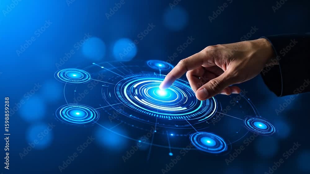 Poster cybersecurity concept with hands interacting with a futuristic interface. 4k video