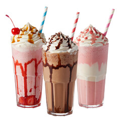 Delicious milkshake assortment with whipped cream and colorful straws isolated on transparent background
