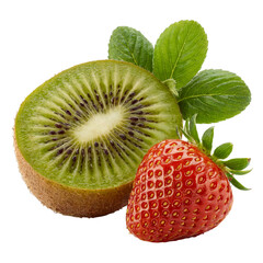 Kiwi fruit and strawberry with mint leaves fresh food still life view isolated on transparent background