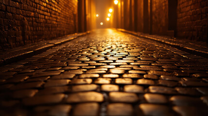 A wet cobblestone alleyway illuminated by warm streetlights, framed by brick walls and fading into a softly glowing urban night.
