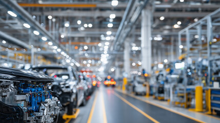 Naklejka premium Side perspective of partially assembled vehicles lined up on the factory floor, workers in safety gear and robots collaborate seamlessly amid shiny metal and electronic components.