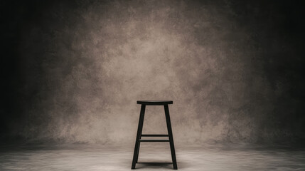 A single black wooden stool stands alone in a dimly lit, textured room with a concrete floor and grayish-brown walls.
