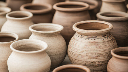 A collection of handcrafted clay pots with various shapes and textures, showcasing traditional pottery craftsmanship.