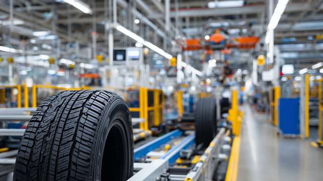 Focused view on the installation of tires onto vehicle axles on the assembly line, machinery humming in sync, while robotic arms and workers collaborate efficiently.