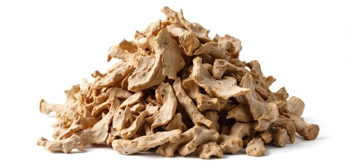 Pile of dried kava kava roots on white background. This natural herbal plant, used in traditional medicine and wellness practices, offers holistic health benefits. Kava root is a tropical herb.