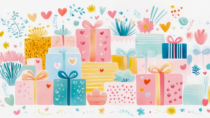 Celebration concept: a Festive Pile of Presents with Hearts and Florals for a Birthday or Special Holiday Card