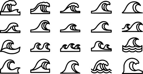 Waves icon set. Sea wave line art icons. Simple blue wave icon collection. Water design concept. Sea and ocean wave symbol, vector illustration
