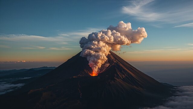 A volcano is spewing smoke and lava into the sky