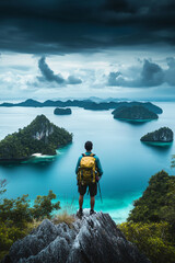 Male Hiker Standing on Cliff Overlooking Tropical Islands and Turquoise Sea