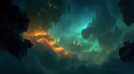 Floating City At Night In A Cloud