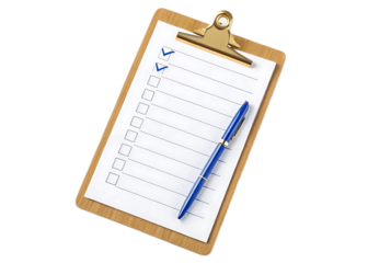 A clipboard with a checklist that has two boxes checked and a blue pen on a black background