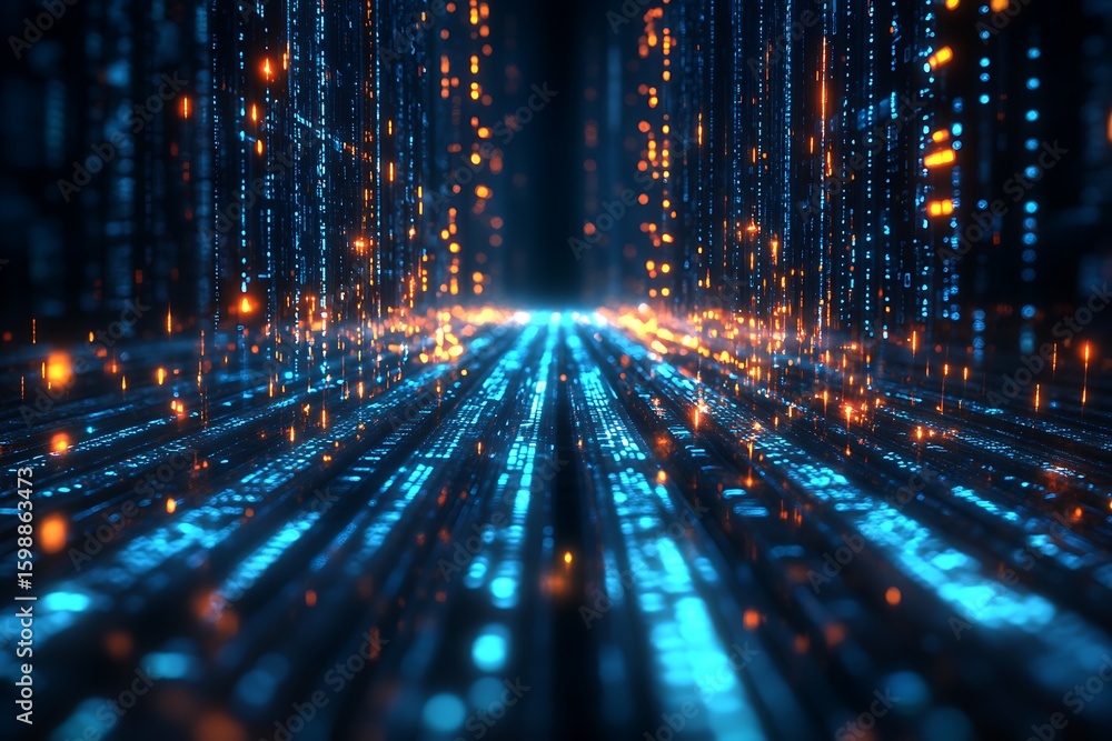 Poster abstract data stream flowing with digital information and glowing particles
