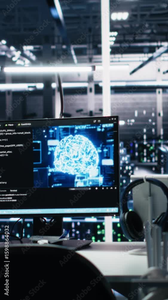 Poster vertical video ai development workstations in data center with monitors displaying machine learning 