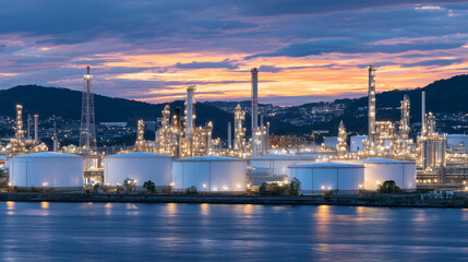 Naklejka premium Panorama of an oil refineryâs storage area at sunset, massive tanks reflecting golden light, with adjacent distillation towers and smokestacks emitting light vapor clouds.