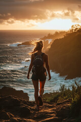 Female Hiker Admiring Ocean Sunset from Rocky Cliffside